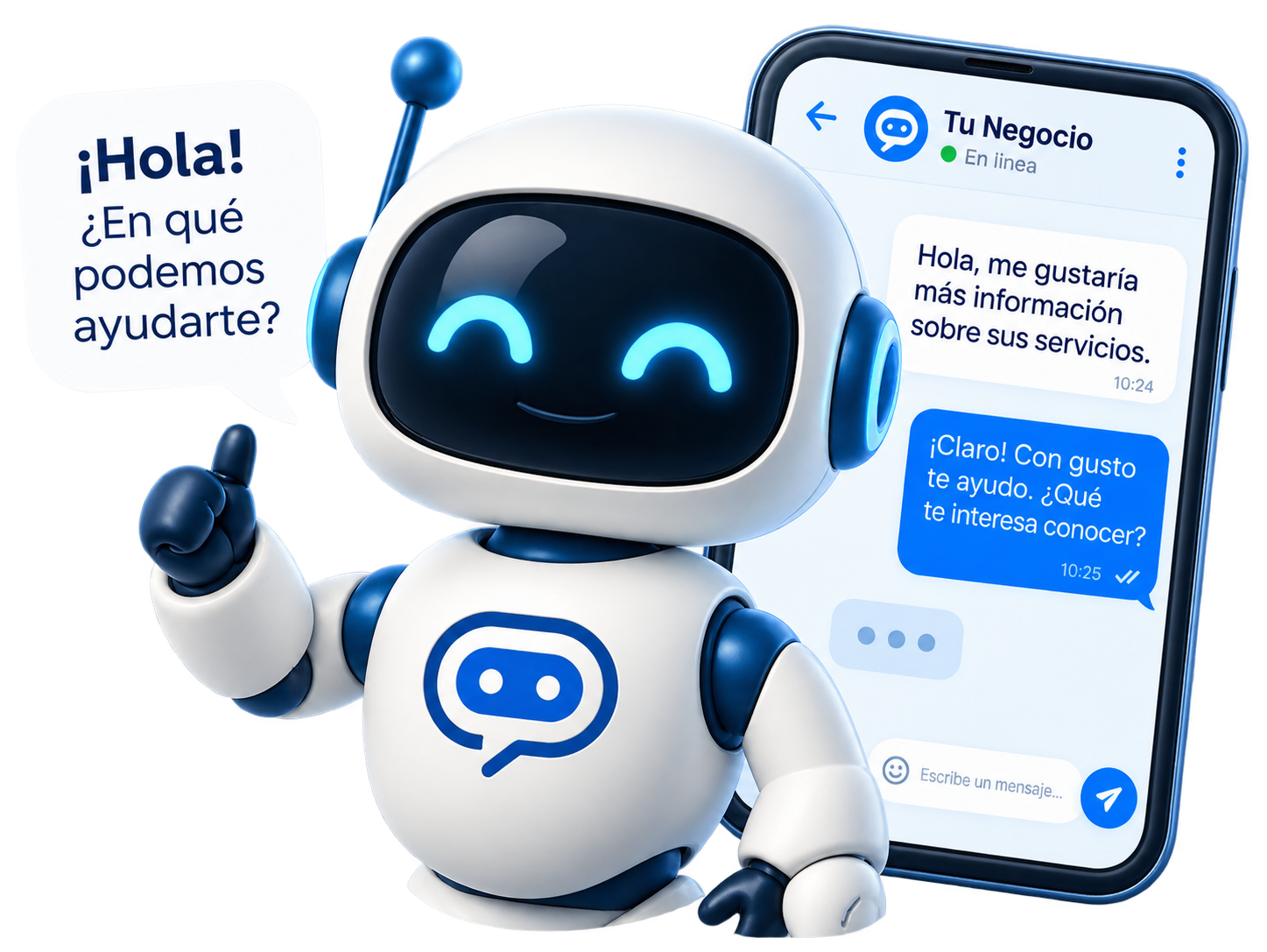 Robot asistente de ChatBot IA saludando junto a una conversación de WhatsApp
